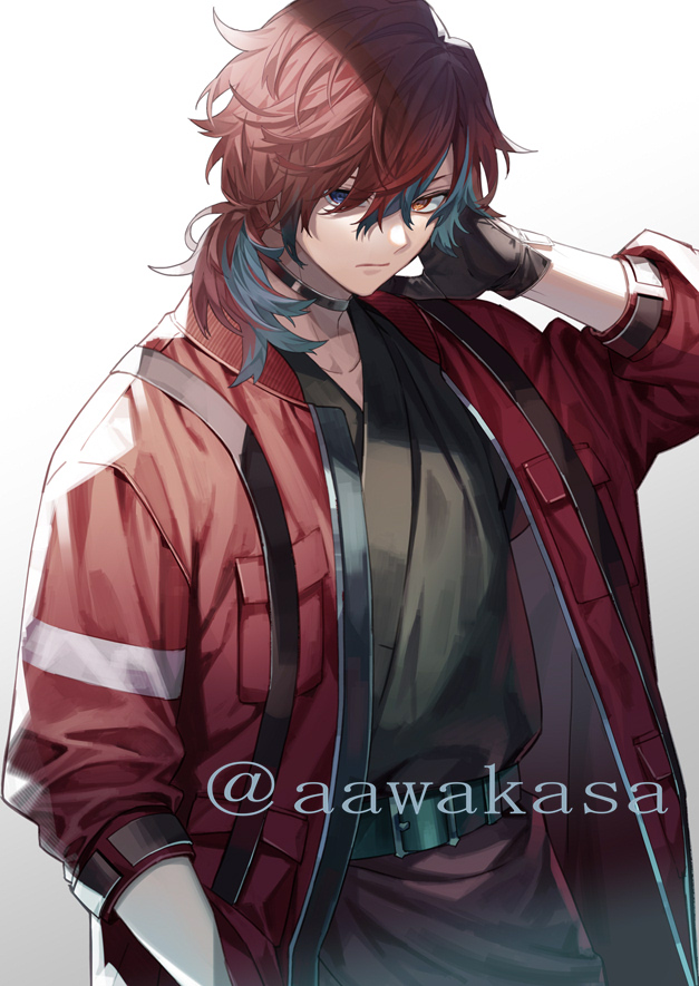 1boy black_gloves black_kimono blue_eyes blue_hair brown_eyes brown_hair eyebrows_hidden_by_hair gloves gradient_background grey_background hair_between_eyes hand_up heterochromia jacket japanese_clothes kimono long_sleeves low_ponytail male_focus multicolored_hair open_clothes open_jacket original pants ponytail red_jacket red_pants ryuuki_(hydrangea) solo streaked_hair twitter_username white_background