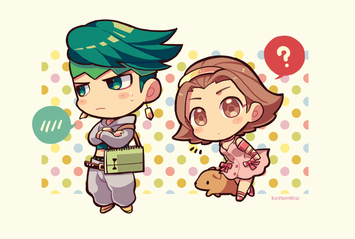 1boy 1girl ? arm_warmers arnold_(jojo) artist_name belt brown_eyes brown_hair chibi crop_top crossed_arms dog dress earrings green_eyes green_hair hairband headband jewelry jojo_no_kimyou_na_bouken kishibe_rohan kotorai pink_dress polka_dot polka_dot_background sketchbook spoken_question_mark sugimoto_reimi sweat