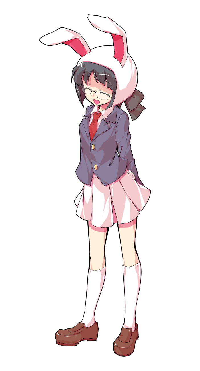 1girl :d animal_ears arms_behind_back black_hair black_jacket blunt_bangs brown_shoes closed_eyes collared_shirt commentary_request dairi ears_through_hood full_body glasses highres hood hood_up jacket kneehighs large_variant_set loafers long_sleeves moon_rabbit_extra_(touhou) necktie open_mouth pleated_skirt rabbit_ears red_necktie shirt shoes short_hair skirt smile socks solo standing tachi-e touhou transparent_background variant_set white_shirt white_skirt white_socks