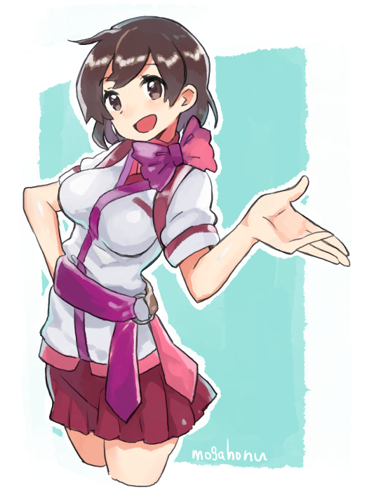 1girl belt brown_eyes brown_hair cowboy_shot employee_uniform female_focus flight_attendant hand_on_own_hip hiryuu_(kancolle) kantai_collection looking_at_viewer miniskirt mogamiya_honu open_mouth peach_(airline) red_skirt short_hair skirt smile solo travel_attendant