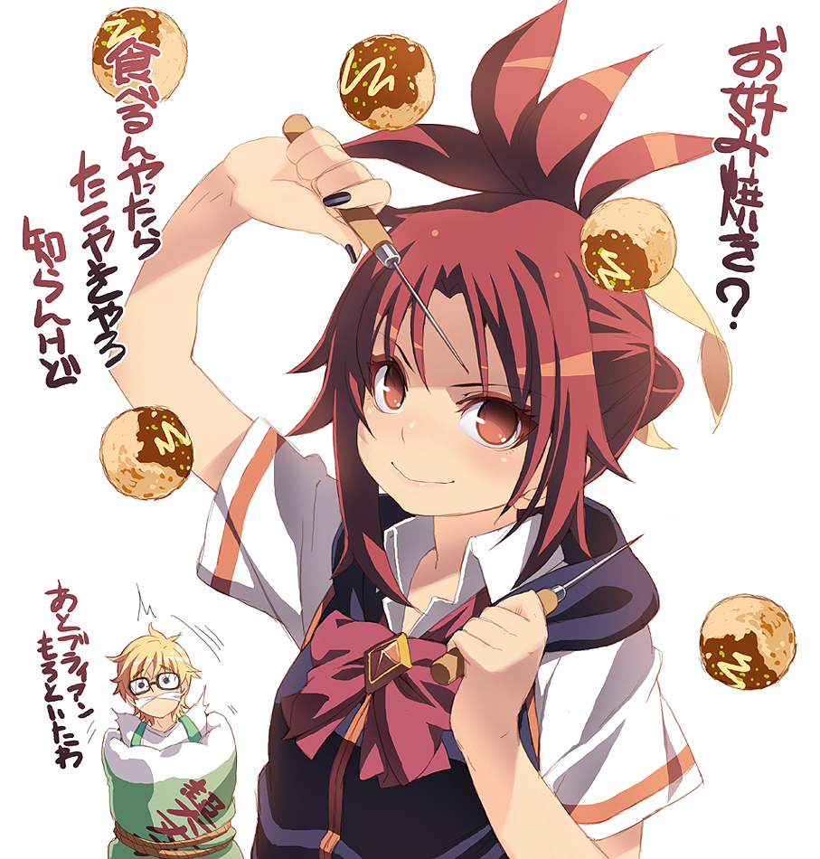 10s 1boy 1girl arm_up bad_end_precure bad_end_sunny blonde_hair brian_(smile_precure!) brian_taylor cleave_gag cloth_gag food futon gag gagged gagged_male glasses improvised_gag orange_eyes orange_hair precure school_uniform skewer smile smile_precure! sweat takoyaki tasaka_shinnosuke translation_request