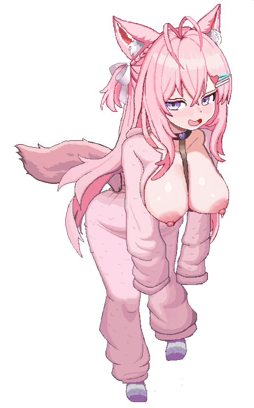 1girl animal_ears antenna_hair between_breasts black_choker blue_eyes blush braid breasts breasts_out chest_harness choker cl_oor clothing_cutout collarbone commentary crossed_bangs grey_socks hair_ornament hair_ribbon hairclip hakui_koyori harness heart heart_choker heart_hair_ornament hololive hood hoodie huge_breasts leaning_forward long_hair long_sleeves looking_to_the_side multicolored_eyes multicolored_socks nervous_smile nipples one_side_up open_mouth pajamas pink_hair pink_hoodie pink_pajamas pink_tail pixel_art purple_eyes purple_socks ribbon simple_background sleeves_past_fingers sleeves_past_wrists smile socks solo strap_between_breasts striped_clothes striped_socks tail tail_through_clothes transparent_background two-tone_eyes virtual_youtuber white_ribbon wolf_ears wolf_girl wolf_tail