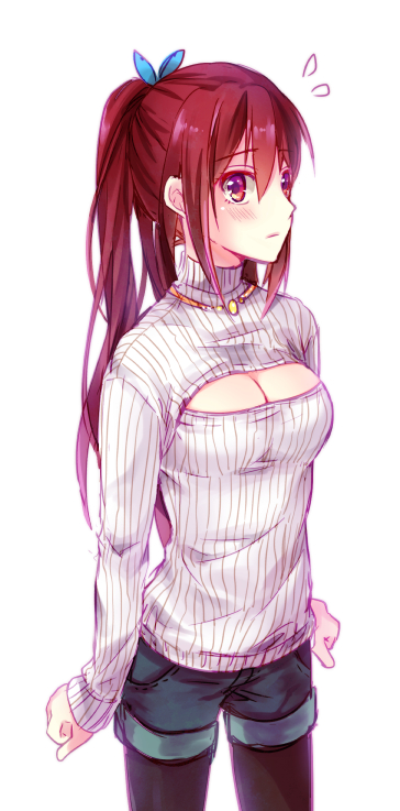 1girl black_pantyhose blue_shorts breasts cleavage cleavage_cutout clothing_cutout cowboy_shot female_focus free! hair_between_eyes hair_ornament long_hair matsuoka_gou medium_breasts meme_attire momoko_(momoko14) pantyhose pantyhose_under_shorts ponytail red_eyes red_hair ribbed_sweater short_shorts shorts simple_background solo standing sweater thigh_gap very_long_hair white_background white_sweater