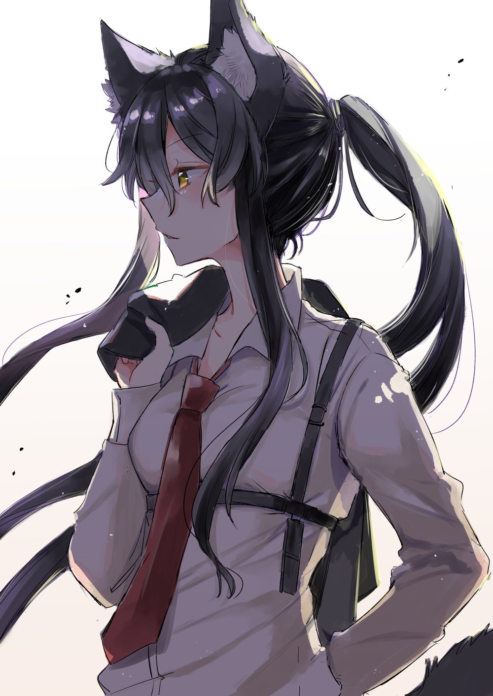 1girl animal_ear_fluff animal_ears black_hair black_jacket collared_shirt commentary formal_clothes highres holding holding_jacket holding_unworn_clothes jacket long_hair long_sleeves mito_(go!go!king!) necktie ookami_no_kawa_o_kabutta_hitsujihime ponytail red_necktie rikujo_aki shirt sidelocks solo symbol-only_commentary tail unworn_jacket white_shirt wolf_ears wolf_girl wolf_tail yellow_eyes