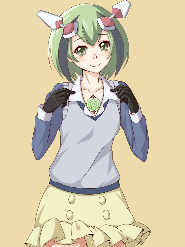 1girl black_gloves black_hair blush closed_mouth collarbone collared_shirt commentary_request cowboy_shot dimension_w eyelashes frilled_skirt frills gloves green_eyes green_hair grey_sweater_vest hand_up heikichi light_brown_background looking_at_viewer medium_hair multicolored_hair raised_eyebrows shirt simple_background skirt smile solo streaked_hair sweater_vest white_shirt yellow_skirt yurizaki_mira