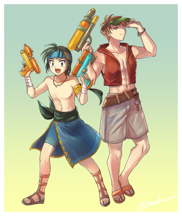2boys alternate_costume fire_emblem fire_emblem:_the_blazing_blade gladiator_sandals green_eyes green_hair guy_(fire_emblem) headband holding holding_water_gun male_focus matthew_(fire_emblem) multiple_boys nintendo orange_hair pelvic_curtain ponytail sandals shorts sorakaza summer vest water_gun