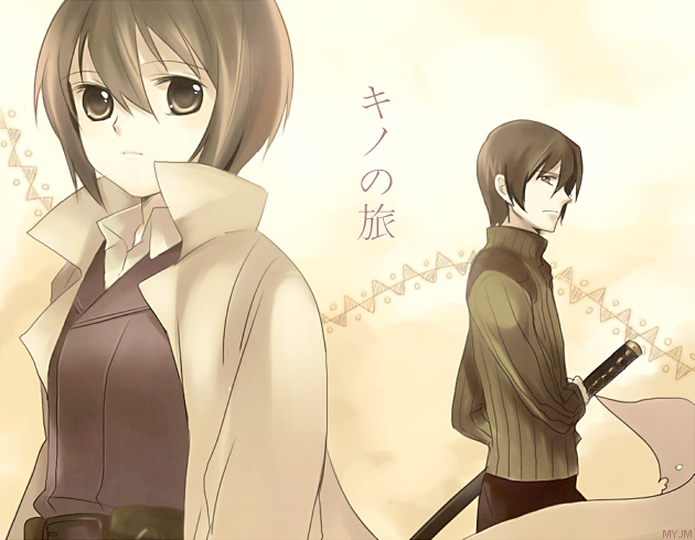 00s 1boy 1girl androgynous artist_request kino_(kino_no_tabi) kino_no_tabi long_coat shizu_(kino_no_tabi) short_hair sweater sword tagme weapon
