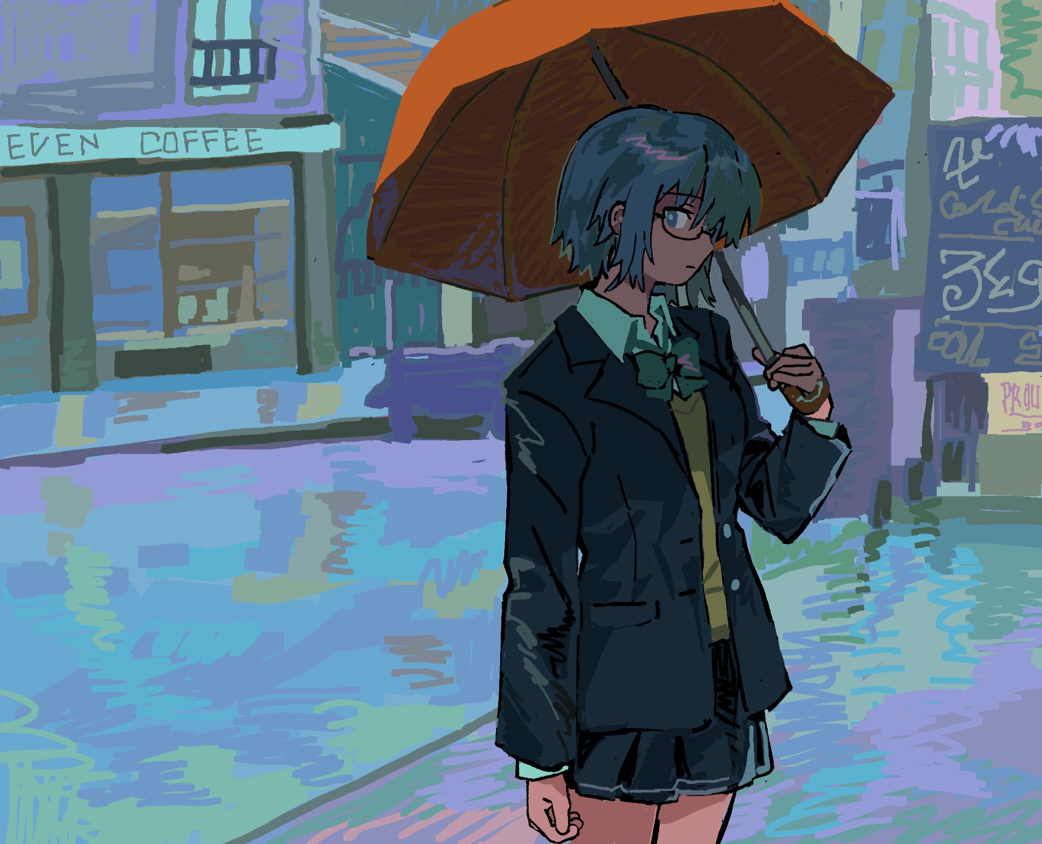 1girl aoymkyo black_skirt blazer blue_eyes blue_hair blue_jacket bow ciel_(tsukihime) closed_mouth collared_shirt glasses green_bow highres jacket long_sleeves looking_at_viewer oil-paper_umbrella pleated_skirt rain red_umbrella school_uniform semi-rimless_eyewear shirt short_hair skirt solo sweater_vest town tsukihime tsukihime_(remake) umbrella vest yellow_vest
