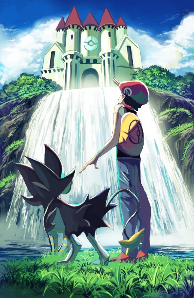 1boy arm_up backpack bag black_hair building cloud commentary_request day from_below gen_4_pokemon grass hat lucas_(pokemon) luxray male_focus nintendo outdoors pants pokemon pokemon_(creature) pokemon_dppt red_footwear red_headwear rowdon shoes short_hair short_sleeves sky standing water waterfall yellow_bag