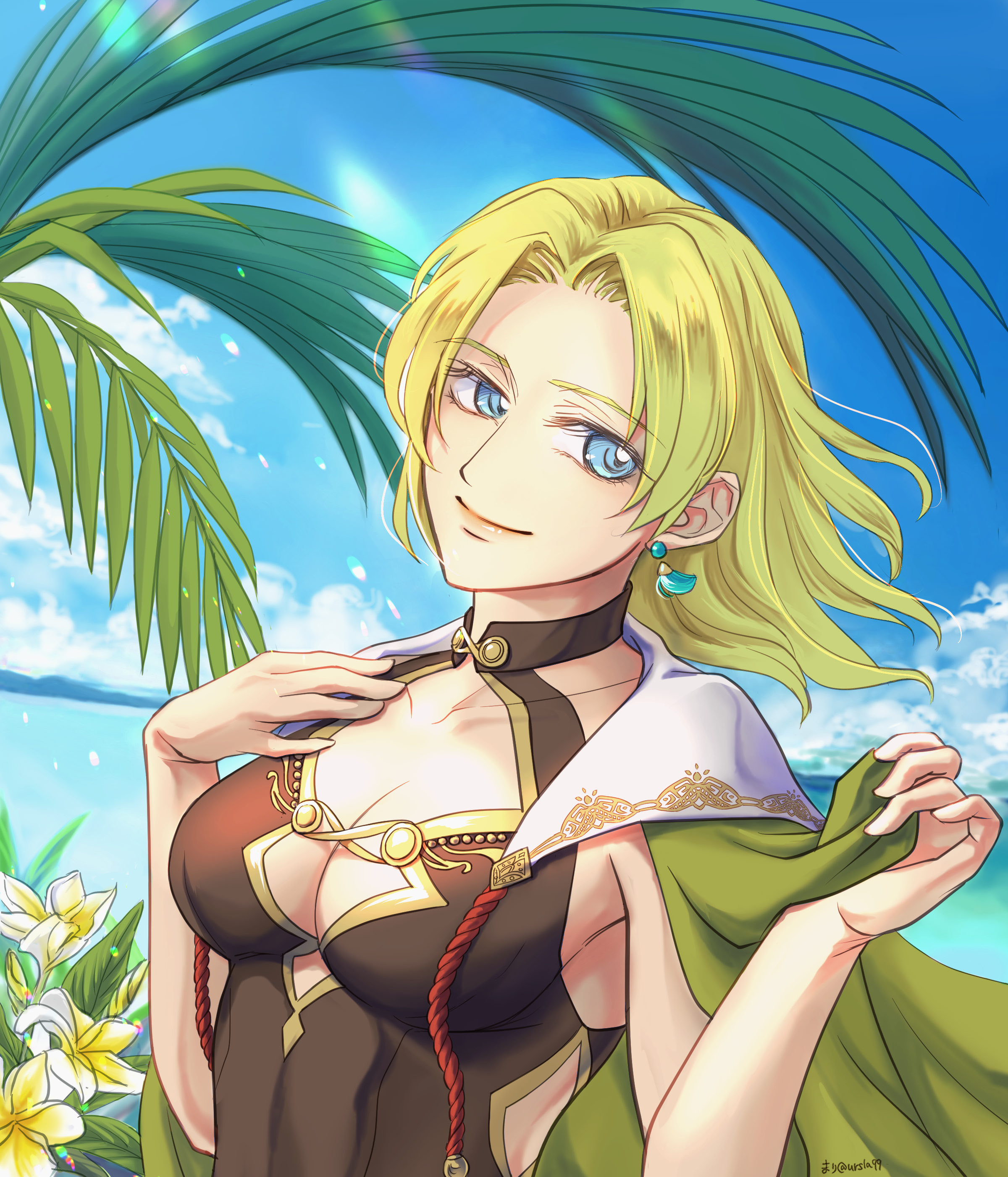 1girl absurdres blonde_hair blue_eyes breasts brown_one-piece_swimsuit cape cleavage commission earrings fire_emblem fire_emblem:_the_sacred_stones fire_emblem_heroes green_cape highres jewelry medium_breasts nintendo ocean official_alternate_costume one-piece_swimsuit outdoors palm_tree pixiv_commission selena_(fire_emblem:_the_sacred_stones) selena_(summer)_(fire_emblem:_the_sacred_stones) short_hair smile solo swimsuit tree upper_body ursla99
