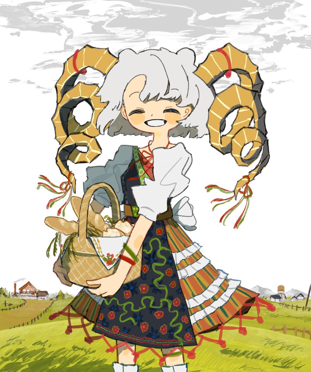 1girl ^_^ apron basket black_apron bracelet bread closed_eyes curled_horns facing_viewer farm feet_out_of_frame fence floral_print food frilled_skirt frills grass grey_hair grin highres holding holding_basket horns jewelry long_horns neruzou original outdoors print_apron sheep_horns short_sleeves skirt smile solo standing striped_clothes striped_skirt