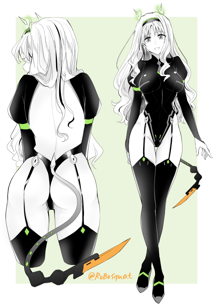 1girl artist_name ass back backless_leotard breasts carrot_(robosquat) colored_skin commentary_request cowboy_shot darling_in_the_franxx elbow_gloves eyes_visible_through_hair full_body gloves grey_background grey_eyes hair_between_eyes hairband kokoro_(darling_in_the_franxx) large_breasts leotard long_hair looking_at_viewer multiple_views open_mouth short_sleeves simple_background standing tail teeth thighhighs twitter_username watermark white_background white_hair white_skin