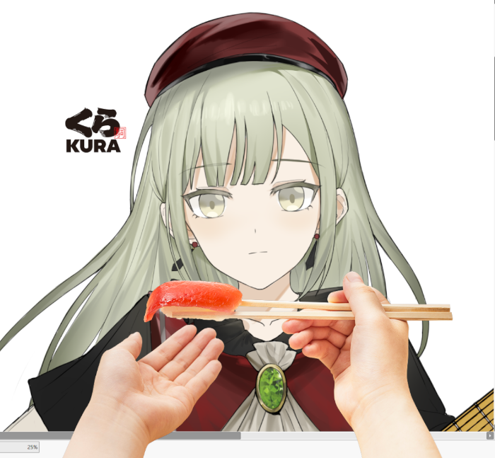 1girl anli_(jwcpp4sum0mgk5r) ascot bang_dream! bang_dream!_it&#039;s_mygo!!!!! beret black_capelet brooch capelet chinese_commentary chopsticks closed_mouth commentary_request green_brooch green_eyes green_hair hat jewelry kura_sushi lineart long_hair looking_at_viewer mortis_(bang_dream!) mortis_(costume)_(bang_dream!) red_hat sidelocks simple_background solo_focus unfinished upper_body wakaba_mutsumi white_ascot white_background