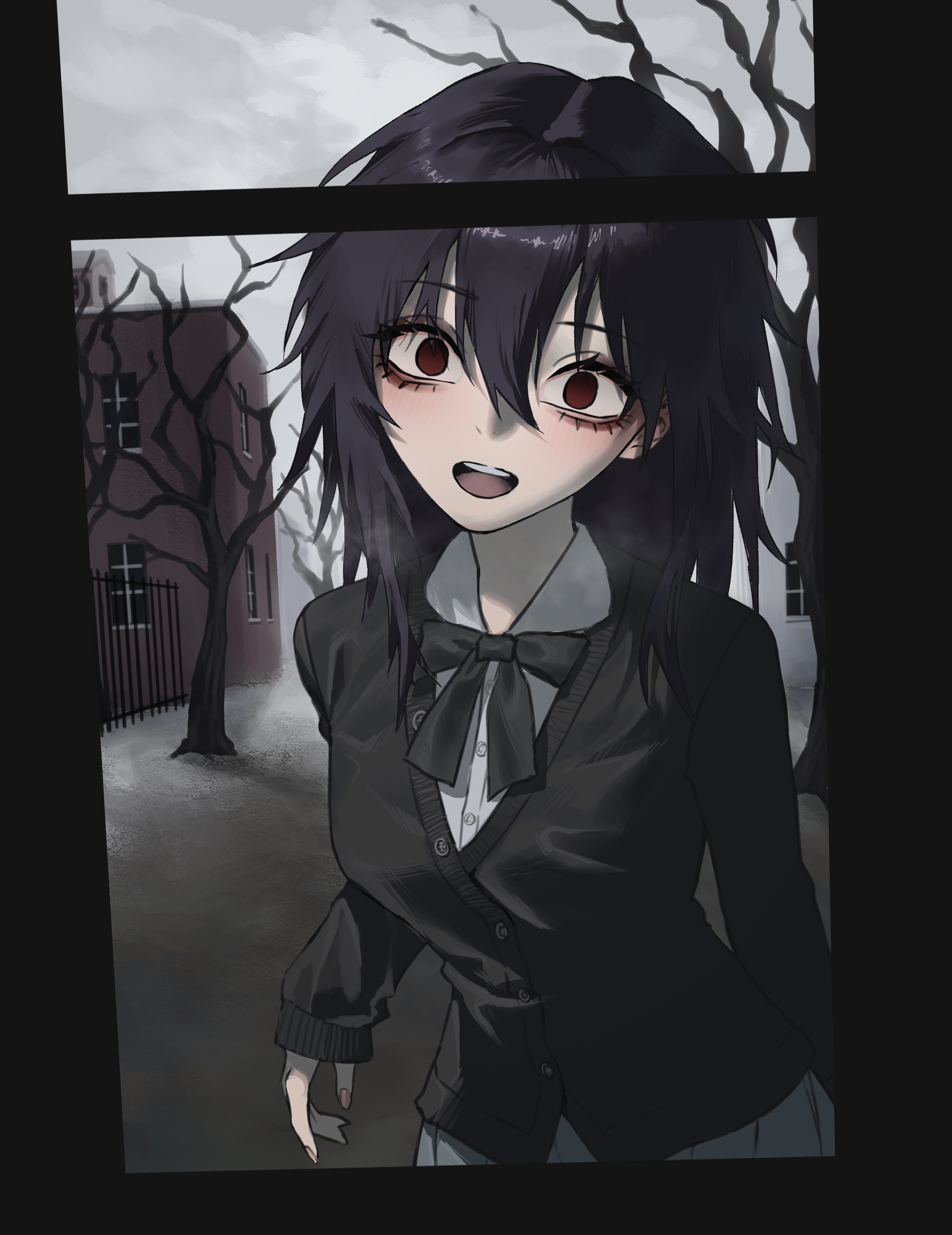 1girl absurdres bags_under_eyes bare_tree black_bow black_bowtie black_cardigan blush bow bowtie breasts building cardigan collared_shirt empty_eyes fence grey_skirt hair_between_eyes highres light_blush long_hair long_sleeves looking_at_viewer medium_breasts messy_hair open_mouth original pleated_skirt purple_hair red_eyes shirt skirt sleeves_past_wrists solo teeth tree tyrezal upper_teeth_only white_shirt window yandere