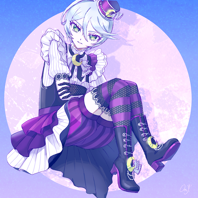 1girl androgynous bad_id bad_twitter_id black_footwear black_gloves crescent frilled_shirt frills full_body gloves green_eyes grey_hair hair_between_eyes hat high_heels idol_clothes knees_up looking_at_viewer mdr_onj1807 mini_hat pretty_series pripara purple_hat purple_shorts reverse_trap shikyoin_hibiki shirt short_hair shorts sitting solo striped_clothes striped_thighhighs thighhighs white_shirt