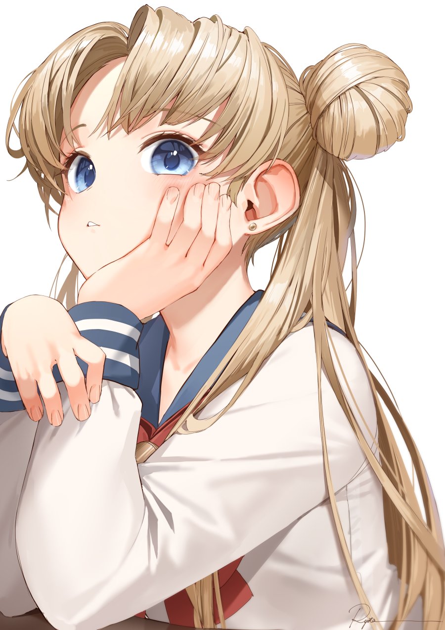 1girl bad_id bad_twitter_id bishoujo_senshi_sailor_moon blonde_hair blue_eyes desk hair_bun head_on_hand head_rest highres long_hair long_sleeves neckerchief parted_bangs parted_lips red_neckerchief ryota_(ry_o_ta) sailor_collar school_desk school_uniform serafuku shirt signal_flag simple_background single_hair_bun solo tsukino_usagi twintails white_background white_shirt