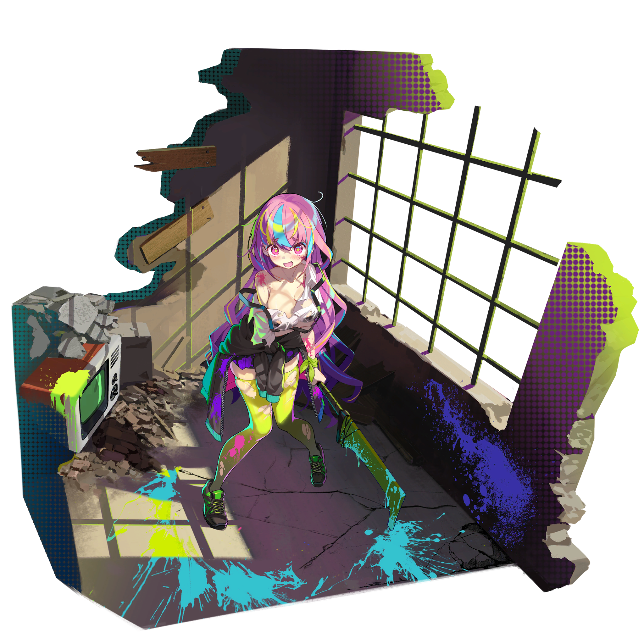 1girl :d blue_hair blush clothes_around_waist full_body game_cg girls'_frontline girls'_frontline_neural_cloud green_hair green_thighhighs highres holding holding_sword holding_weapon jacket jacket_around_waist knees_together_feet_apart looking_at_viewer neon_palette off_shoulder official_alternate_costume official_art onono_imoko open_mouth paint pink_hair puzzle_(neural_cloud) rebar rubble shirt smile solo standing sword television thighhighs third-party_source torn_clothes torn_thighhighs weapon white_shirt