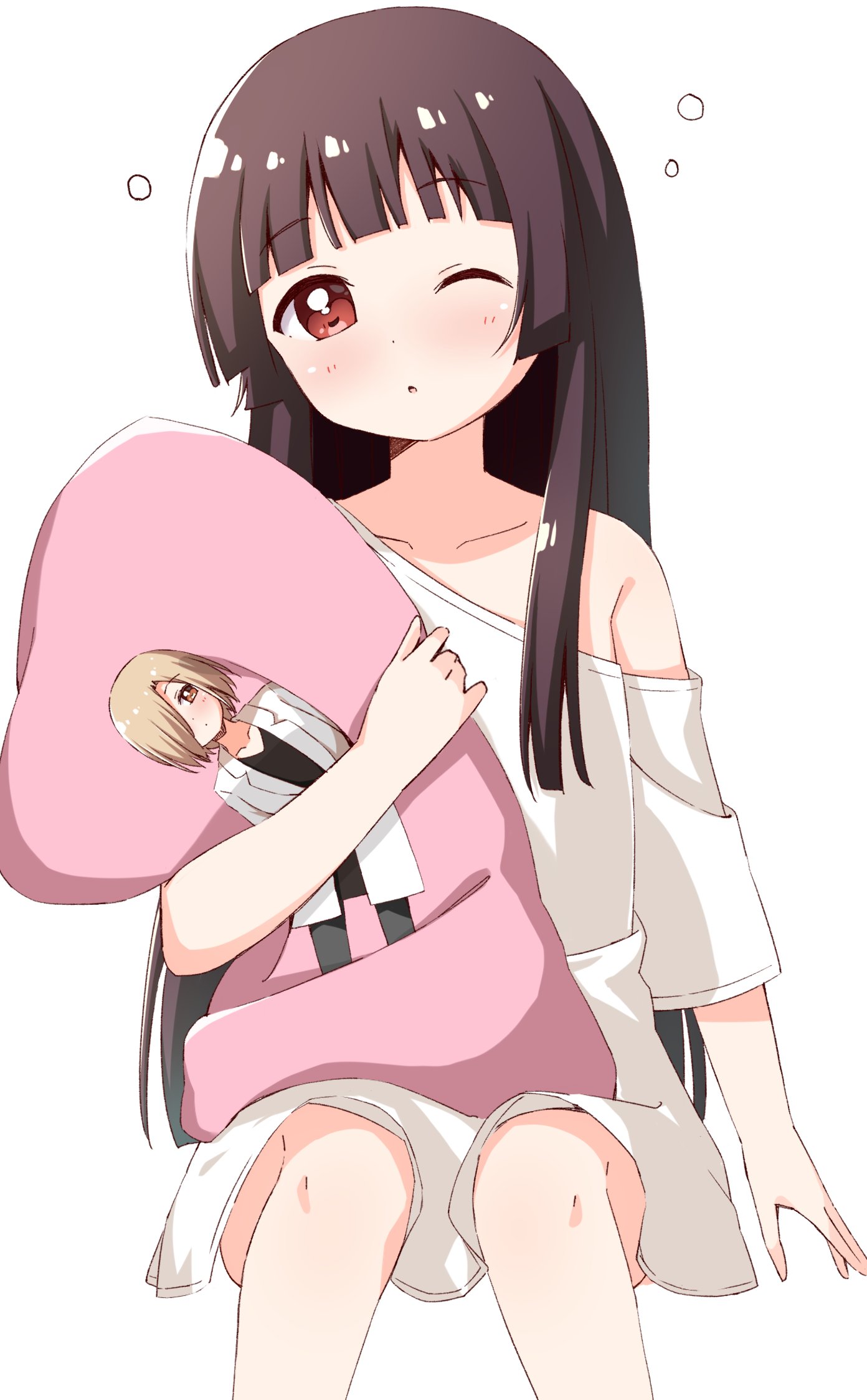 1girl blunt_bangs blunt_ends blush brown_eyes brown_hair collarbone commentary_request dot_nose feet_out_of_frame haru_(konomi_150) highres hugging_object invisible_chair long_hair looking_at_viewer matsumoto_rise nishigaki_nana off_shoulder parted_lips pillow pillow_hug shirt short_sleeves simple_background sitting solo squeans white_background white_shirt yuru_yuri