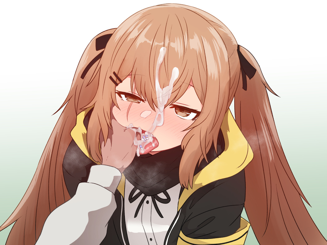 1boy 1girl black_jacket black_ribbon blush commentary_request cum cum_in_mouth cum_on_body cum_on_hair drugs facial girls&#039;_frontline hair_between_eyes hair_ornament hair_ribbon hairclip hetero hood hood_down hooded_jacket jacket long_hair neck_ribbon open_mouth pill ribbon scar scar_across_eye scar_on_face solo_focus sumiyao_(amam) tongue tongue_out twintails ump9_(girls&#039;_frontline) upper_body