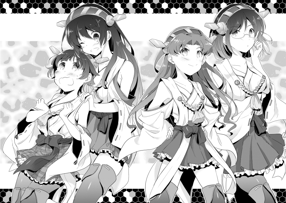 4girls adjusting_eyewear bad_id bad_pixiv_id bow cosplay detached_sleeves frilled_skirt frills glasses greyscale hairband hands_on_own_hips haruna_(kancolle) haruna_(kancolle)_(cosplay) hiei_(kancolle) hiei_(kancolle)_(cosplay) japanese_clothes kantai_collection kirishima_(kancolle) kirishima_(kancolle)_(cosplay) kongou_(kancolle) kongou_(kancolle)_(cosplay) konori_mii long_hair monochrome multiple_girls one_eye_closed open_mouth pantyhose papiko_(sogebusaretai) plaid_clothes plaid_skirt ribbon ribbon-trimmed_sleeves ribbon_trim saten_ruiko shirai_kuroko short_hair skirt thighhighs toaru_kagaku_no_railgun toaru_majutsu_no_index uiharu_kazari wavy_mouth