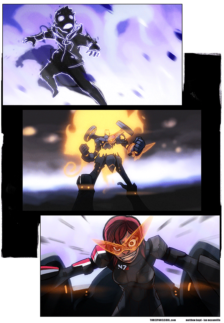 1girl antispiral armor bodysuit catalyst_(mass_effect) commander_shepard commander_shepard_(female) crazy_eyes crazy_smile crossover crucible crucible_(mass_effect) epic fire garrus_vakarian grin hood hoodie ian_mcconville kamina_shades legion_(mass_effect) mass_effect_(series) mass_effect_3 mecha mechanization open_mouth parody red_hair robot short_hair smile space spiral_power teeth tengen_toppa_gurren-lagann_(mecha) tengen_toppa_gurren_lagann triangular_eyewear