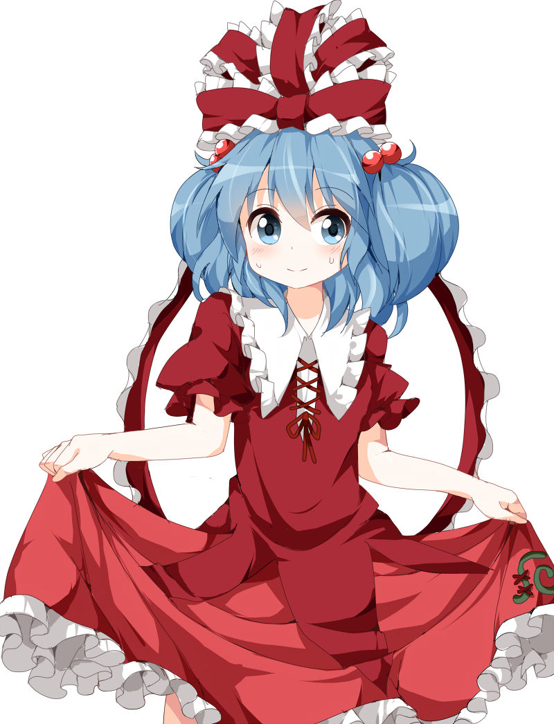 1girl blue_eyes blue_hair bow cosplay curtsey dress female_focus hair_bobbles hair_bow hair_ornament kagiyama_hina kagiyama_hina_(cosplay) kawashiro_nitori matching_hair/eyes one-hour_drawing_challenge puffy_short_sleeves puffy_sleeves red_dress ruu_(tksymkw) short_sleeves simple_background skirt_hold smile solo touhou twintails two_side_up