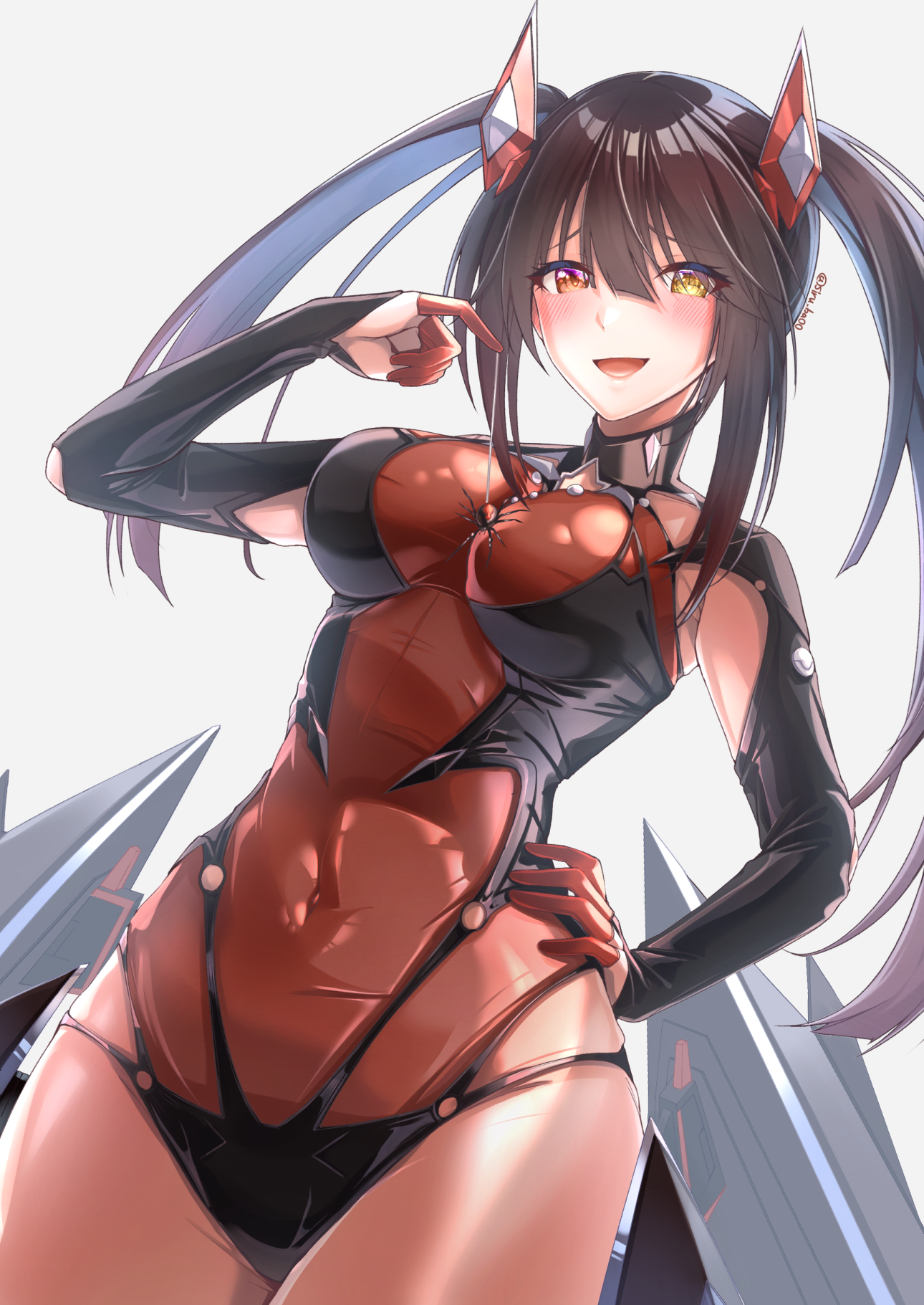 1girl black_bodysuit black_hair black_leotard blush bodysuit breasts bug clock_eyes commentary_request covered_navel date_a_live hair_between_eyes headgear heterochromia highres kagin_(kagou_shita_nanika) large_breasts leotard long_hair looking_at_viewer multicolored_bodysuit multicolored_leotard open_mouth red_bodysuit red_eyes red_leotard smile solo spider symbol-shaped_pupils tokisaki_kurumi twintails uneven_twintails yellow_eyes