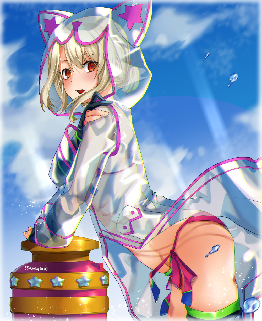 1girl animal_hood aona_(anagasaki) bikini blush breasts fate/grand_order fate_(series) highres hood illyasviel_von_einzbern illyasviel_von_einzbern_(swimsuit_archer) illyasviel_von_einzbern_(swimsuit_archer)_(third_ascension) long_hair looking_at_viewer magical_ruby magical_ruby_(hose) magical_ruby_(hose)_(third_ascension) open_mouth pink_bikini raincoat see-through_clothes small_breasts smile solo swimsuit thighhighs thighs water_drop