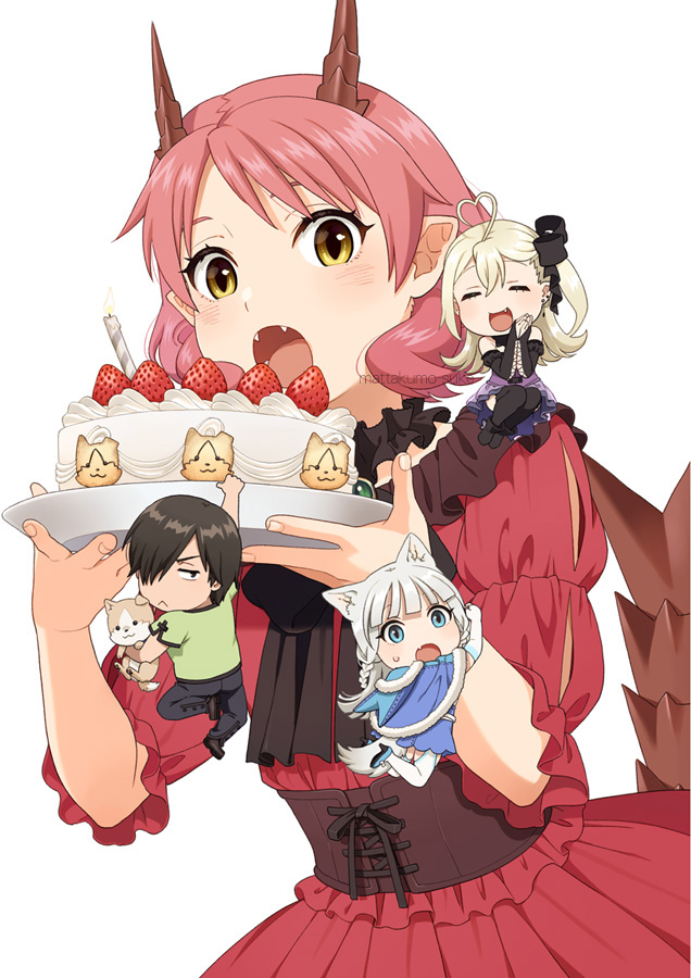 1boy 3girls :d ahoge animal animal_ears black_footwear black_pants black_thighhighs blouse blue_cloak blue_eyes blue_skirt blush braid brown_eyes carmilla_vanstein cloak closed_eyes commentary_request dog dragon_girl dragon_horns dragon_tail dress eyebrows_hidden_by_hair fafnir_guildmelag_linda_blair_hanako fangs fur-trimmed_cloak fur_trim green_shirt hair_between_eyes hair_over_one_eye hataage!_kemono_michi heart heart_ahoge holding holding_animal holding_dog horns light_brown_hair long_hair mattaku_mousuke mini_person miniboy minigirl multiple_girls one_side_up open_mouth pants pantyhose pink_hair puffy_short_sleeves puffy_sleeves red_dress shibata_genzou shigure_(kemonomichi) shirt shoes short_sleeves simple_background skirt smile tail thighhighs vampire very_long_hair watermark white_background white_hair white_thighhighs wolf_ears wolf_girl wolf_tail yellow_eyes