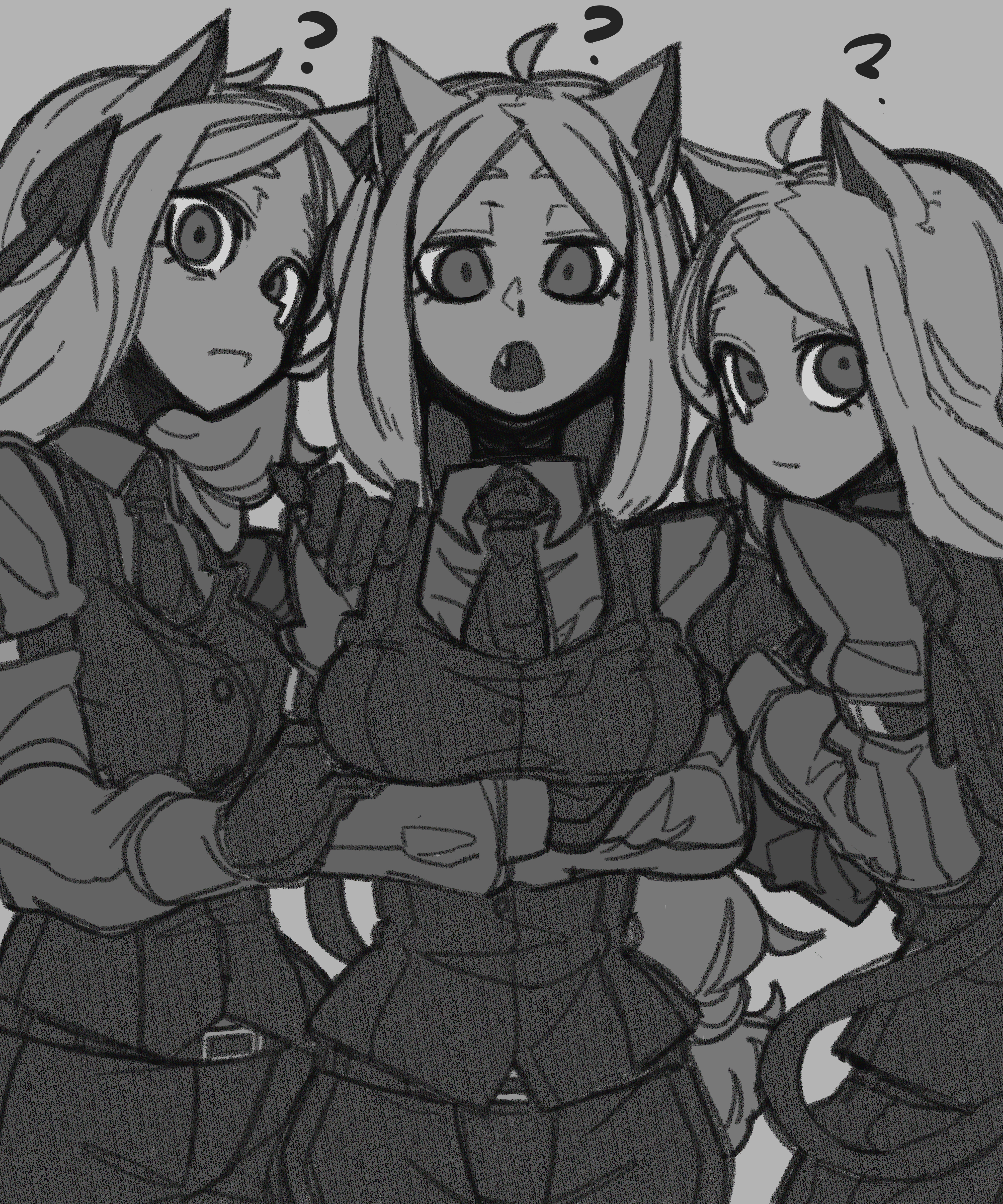 3girls ? absurdres ahoge animal_ears arm_garter belt bone_nigi breasts cerberus_(helltaker) closed_mouth collared_shirt commentary_request cowboy_shot crossed_arms demon_girl demon_tail dog_ears dog_girl fang formal_clothes gloves greyscale hand_on_another's_shoulder helltaker highres long_hair long_sleeves looking_at_viewer medium_breasts monochrome multiple_girls necktie open_mouth shirt standing tail triplets vest waistcoat