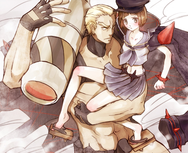 1boy 1girl arms_around_neck blonde_eyebrows blonde_hair bob_cut brown_eyes brown_hair fingerless_gloves gamagoori_ira geta gloves kill_la_kill mankanshoku_mako muscular muscular_male navel ren_mizuha school_uniform short_hair size_difference spikes star_(symbol) straw_(stalk)