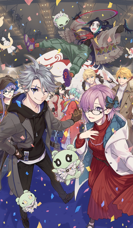 6+boys 6+girls ahoge arthur_pendragon_(fate) arthur_pendragon_(winter_party)_(fate) assassin_(fate/zero) black_eyes black_hair blonde_hair blue_eyes brown_eyes cernunnos_(fate) character_doll coat con_(fate) confetti doll dress fate/grand_order fate_(series) female_assassin_(fate/zero) floating glasses gloves green_eyes green_hair grey_hair grin hair_over_one_eye halo hat hildr_(fate) hood hooded_sweater horns isshoku_(shiki) jacket james_moriarty_(ruler)_(fate) james_moriarty_(winter_party)_(fate) kiyohime_(fate) long_hair long_sleeves mash_kyrielight mash_kyrielight_(winter_party) meltryllis_(fate) meltryllis_(winter_party)_(fate) multiple_boys multiple_girls official_art one_eye_closed open_mouth ortlinde_(fate) pink_hair purple_eyes purple_hair roland_(fate) roland_(winter_party)_(fate) short_hair smile sweater taisui_xingjun_(fate) taisui_xingjun_(winter_party)_(fate) valkyrie_(fate) xu_fu_(fate) yellow_eyes