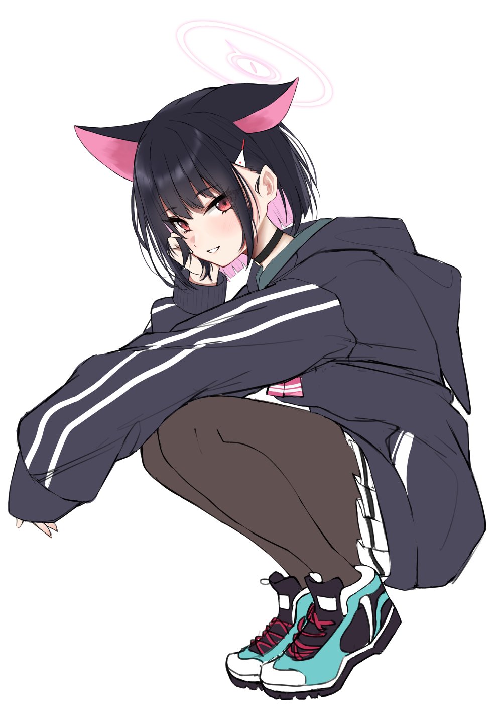 1girl animal_ears black_choker black_hair black_pantyhose blue_archive cat_ears choker highres jacket kazusa_(blue_archive) nemun_(tamizzz) pantyhose red_eyes solo squatting