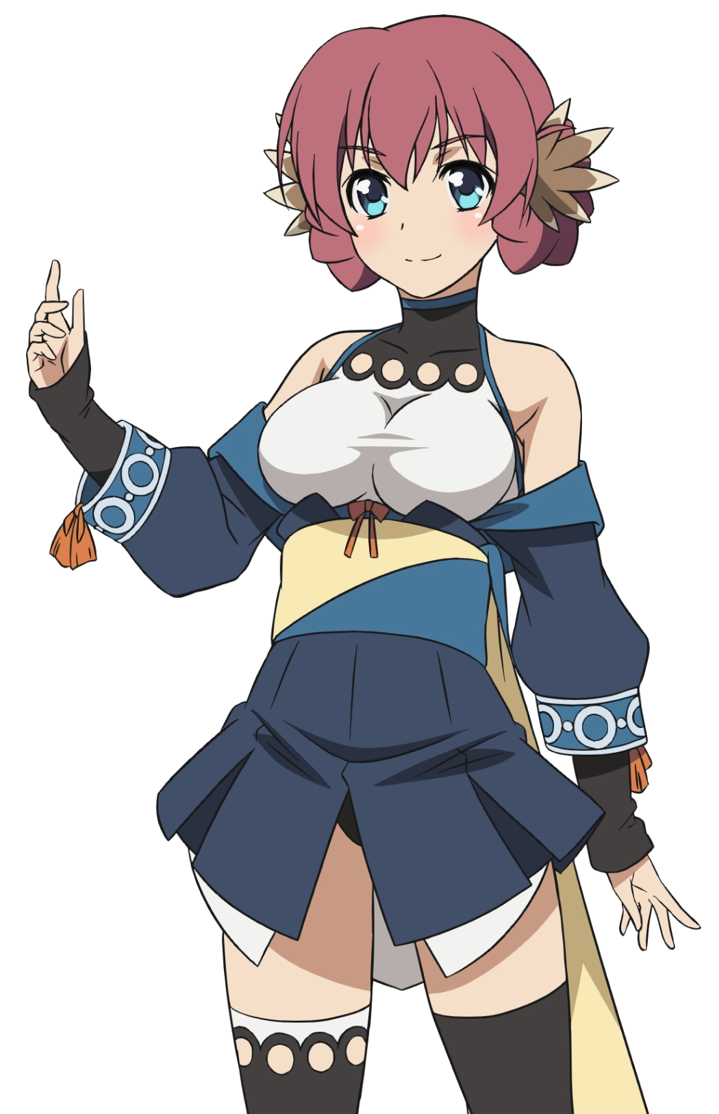 1girl ainu_clothes animal_ears aquaplus arm_up bare_shoulders blue_eyes blush braid breasts closed_mouth collarbone covered_collarbone cowboy_shot gradient_eyes hair_between_eyes highres japanese_clothes kimono large_breasts leotard leotard_under_clothes long_sleeves looking_at_viewer multicolored_eyes nakata_masahiko nosuri off_shoulder official_art panties pantyshot raised_eyebrows red_hair sleeveless smile solo standing taut_clothes taut_leotard thighhighs thighs transparent_background underwear utawarerumono utawarerumono:_futari_no_hakuoro utawarerumono:_itsuwari_no_kamen white_fox_(company)