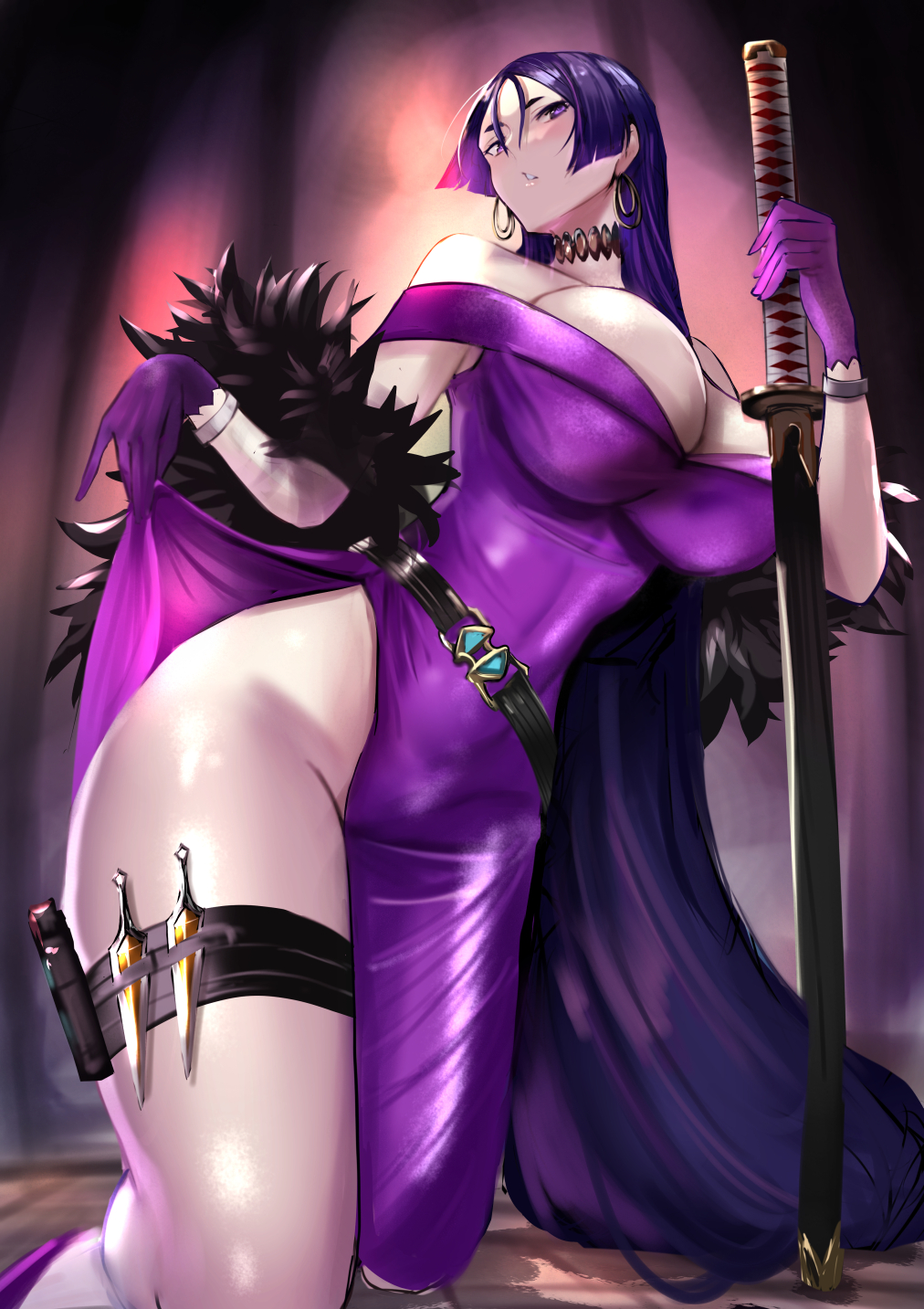1girl belt blush breasts choker cleavage dress earrings fate/grand_order fate_(series) feather_boa gloves gun highres holster hoop_earrings jewelry jikihatiman katana kunai large_breasts long_hair looking_at_viewer minamoto_no_raikou_(exhibition_attire)_(fate) minamoto_no_raikou_(fate) off_shoulder parted_bangs parted_lips purple_dress purple_eyes purple_gloves purple_hair side_slit solo sword thigh_strap thighs very_long_hair weapon