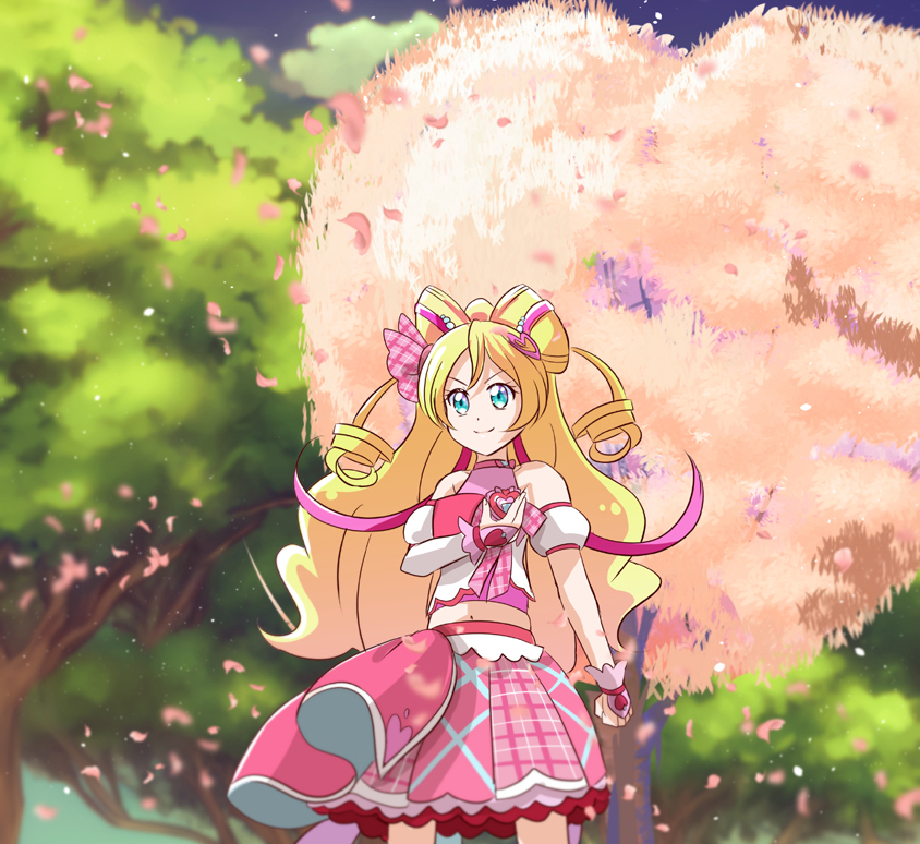 1girl arm_warmers blonde_hair blue_eyes brooch closed_mouth crop_top cure_idol detached_sleeves drill_hair hair_ornament hair_ribbon heart heart_brooch heart_hair_ornament jewelry kimi_to_idol_precure long_hair magical_girl midriff mitumi_mira navel petals pink_ribbon pink_shirt pink_skirt precure puffy_detached_sleeves puffy_sleeves ribbon sakura_uta_(precure) shirt single_arm_warmer skirt sky smile solo tree twin_drills wrist_cuffs