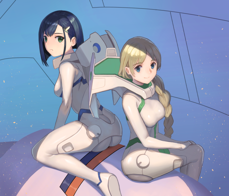2girls ass asymmetrical_hair back-to-back between_legs blonde_hair blue_bodysuit blue_eyes bob_cut bodysuit braid braided_ponytail breasts closed_mouth cockpit commentary darling_in_the_franxx frown green_bodysuit green_eyes hair_ornament hairclip hand_between_legs hand_on_own_thigh hood hood_down ichigo_(darling_in_the_franxx) kokoro_(darling_in_the_franxx) large_breasts leaning_forward light_particles long_hair looking_at_viewer looking_back looking_to_the_side mecha_pilot_suit multiple_girls parasite_suit_(darling_in_the_franxx) parted_bangs short_hair single_braid sitting skin_tight small_breasts smile tunguu two-tone_bodysuit very_long_hair wariza white_bodysuit