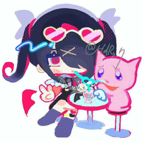 1girl 1other ame-chan_(needy_girl_overdose) black_hair black_socks chibi chibi_only drawn_wings drinking drinking_straw eyewear_on_head full_body hair_ornament heart heart-shaped_eyewear naishukketsukata neck_ribbon needy_girl_overdose outstretched_arm outstretched_legs pien_cat_(needy_girl_overdose) pleading_eyes red-tinted_eyewear red_eyes ribbon seiza sharing_food short_twintails sitting socks stool table tinted_eyewear twintails v white_background winged_sleeves x_hair_ornament