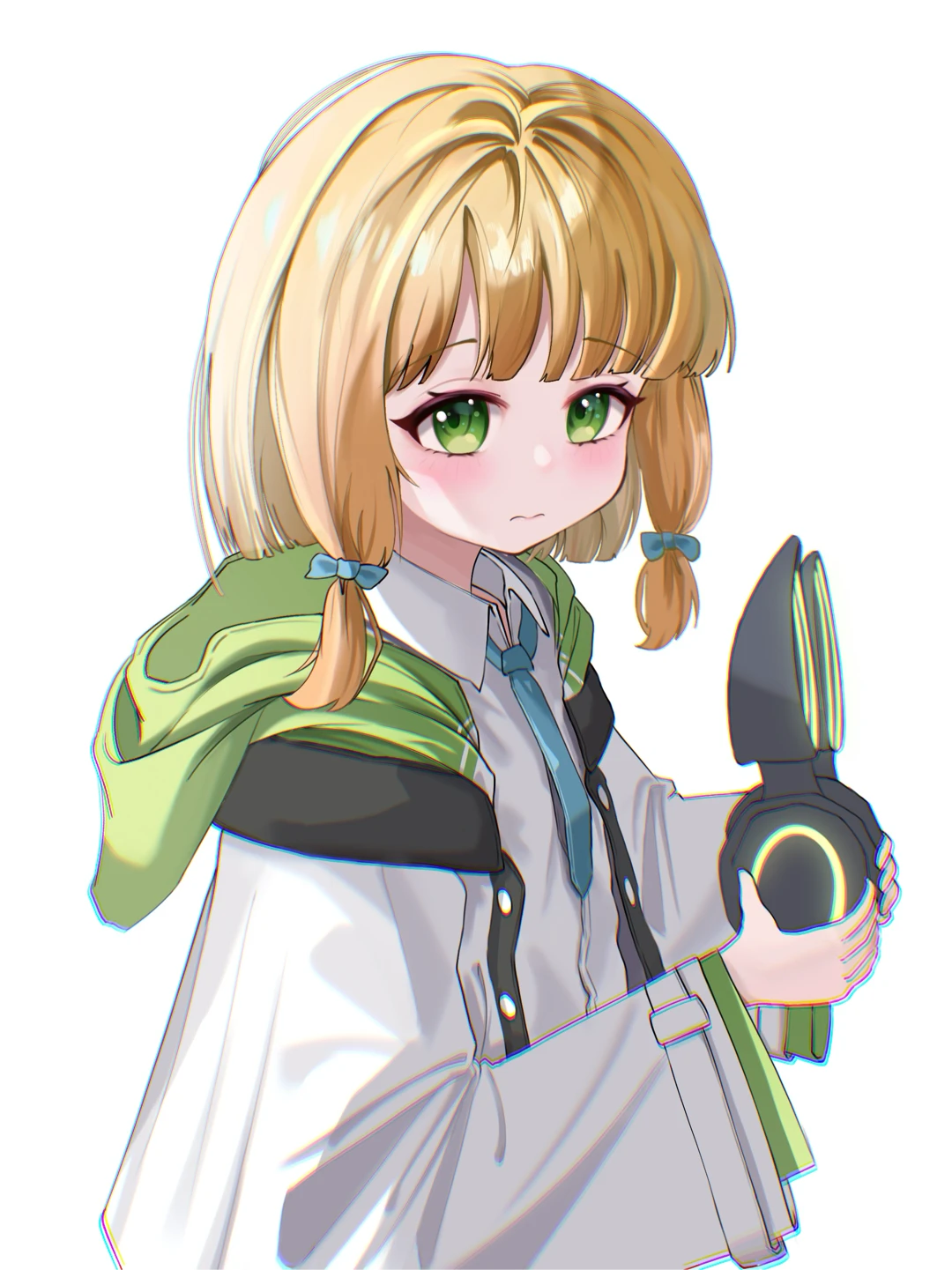1girl 3: animal_ear_headphones animal_ears aqua_bow aqua_necktie blonde_hair blue_archive blunt_bangs blush bow buttons cat_ear_headphones chinese_commentary chromatic_aberration closed_mouth collared_shirt commentary_request fake_animal_ears from_side frown green_eyes green_jacket hair_bow hands_up headphones headphones_removed highres holding holding_headphones hood hood_down hooded_jacket jacket long_sleeves looking_at_viewer low-tied_sidelocks making-of_available medium_hair midori_(blue_archive) multicolored_jacket necktie no_halo open_clothes open_jacket school_uniform shirt sidelocks simple_background solo turning_head unworn_headphones upper_body wavy_mouth white_background white_jacket white_shirt wide_sleeves wing_collar xiaoxiaoyifan