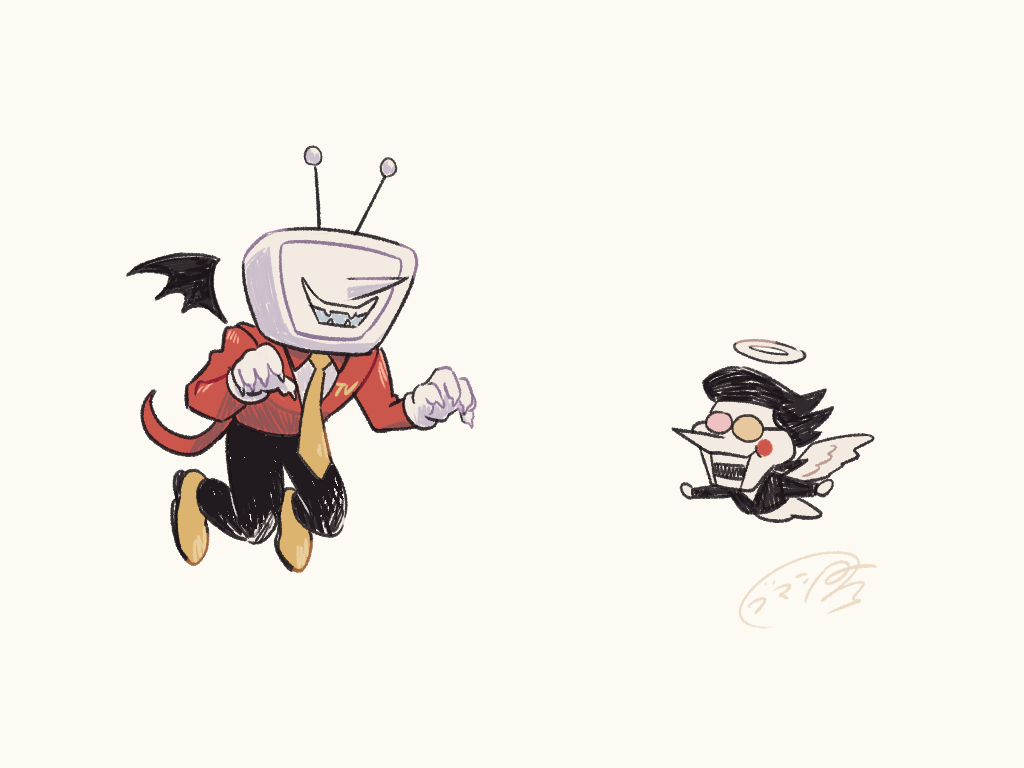 2boys angel_and_devil angel_wings ant_tenna black_hair black_jacket black_pants black_wings commentary_request crt deltarune demon_wings halo heterochromatic_eyewear jacket male_focus multiple_boys necktie object_head open_mouth pants pink-tinted_eyewear pointy_nose rechain red_jacket shoes short_hair signature smile spamton_g._spamton tinted_eyewear white_wings wings yellow-tinted_eyewear yellow_necktie yellow_shoes