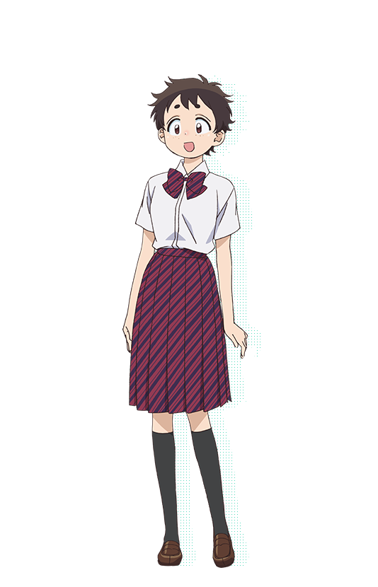 1girl :d arms_at_sides black_socks bow bowtie brown_eyes brown_hair brown_shoes collared_shirt diagonal-striped_bow diagonal-striped_bowtie diagonal-striped_clothes diagonal-striped_skirt drop_shadow freckles full_body inaka_nokoko itan_private_high_school_uniform kneehighs komi-san_wa_komyushou_desu loafers medium_skirt nakajima_atsuko official_art open_mouth pleated_skirt red_bow red_bowtie red_skirt school_uniform shirt shoes short_hair skirt smile socks solo standing striped_clothes transparent_background very_short_hair white_shirt