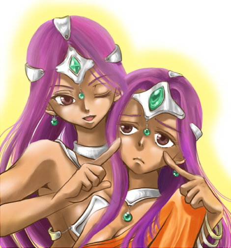 2girls bikini bracelet breasts chunsoft circlet cleavage dark_skin dark-skinned_female dragon_quest dragon_quest_iv dress earrings enix frown jewelry manya_(dq4) mariemon medium_breasts minea_(dq4) multiple_girls one_eye_closed purple_eyes purple_hair siblings sisters smile swimsuit wink