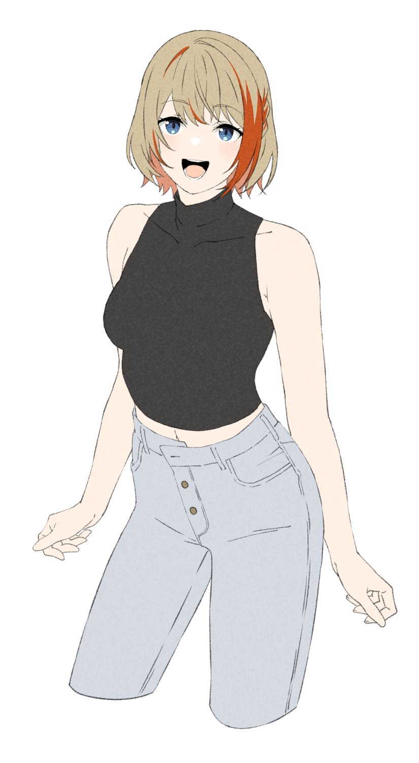 1girl akitetsu black_shirt blue_eyes braid breasts cowboy_shot cropped_legs grey_pants highres light_brown_hair looking_at_viewer medium_breasts midriff multicolored_hair nanashi_inc. navel official_alternate_costume open_mouth orange_hair pants shirt short_hair simple_background sleeveless sleeveless_shirt smile solo touri_sei touri_sei_(2nd_costume) turtleneck turtleneck_shirt two-tone_hair virtual_youtuber white_background