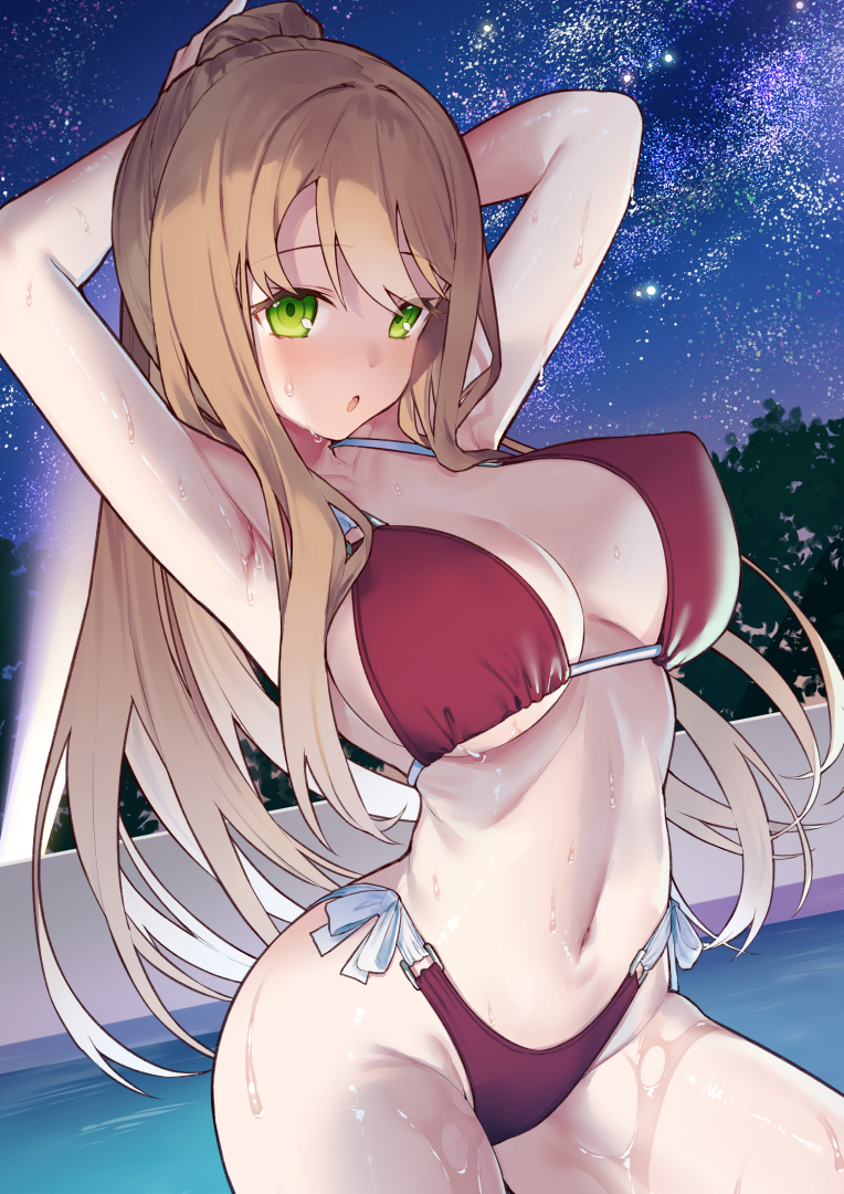 1girl :o arms_behind_head bikini blonde_hair blush breasts green_eyes large_breasts long_hair looking_at_viewer navel night night_sky open_mouth original ponytail red_bikini side-tie_bikini_bottom sky smile solo star_(sky) starry_sky swimsuit tokuno_yuika wading wet