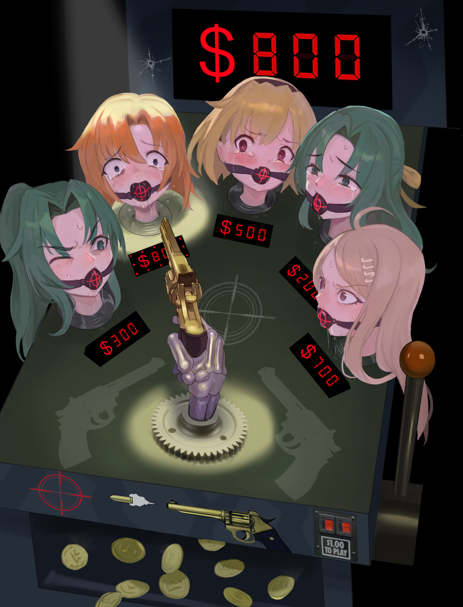 5girls akamatsu_kaede at_gunpoint ball_gag blonde_hair character_request coins crying danganronpa_(series) danganronpa_v3:_killing_harmony gag gagged green_eyes green_hair gun handgun higurashi_no_naku_koro_ni houjou_satoko imminent_death machine multiple_girls orange_hair raftetram red_eyes restrained revolver ryuuguu_rena scared sonozaki_mion sonozaki_shion sweat target torture weapon