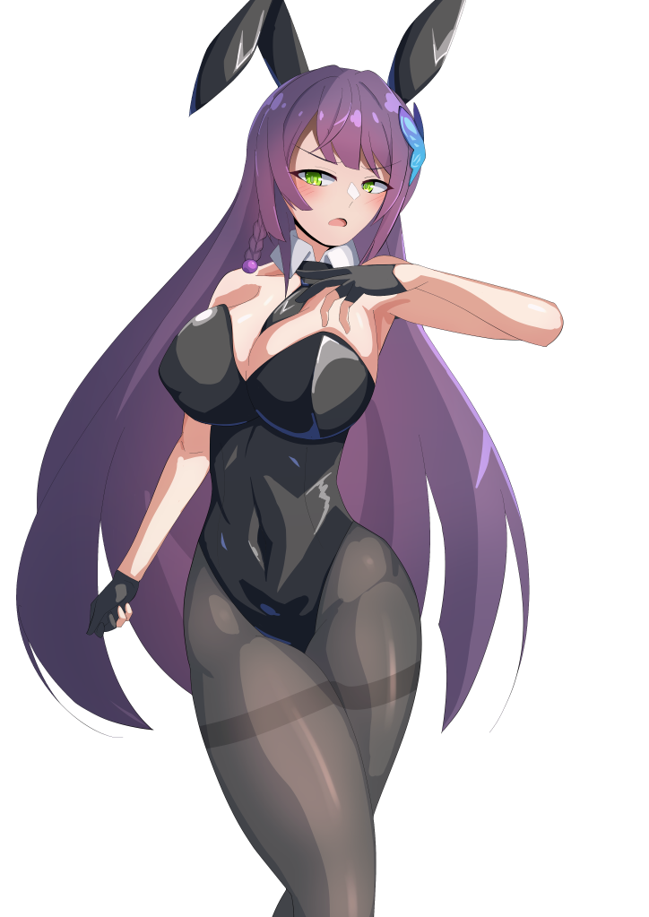 1girl animal_ears arm_at_side assault_lily bare_arms bare_shoulders between_breasts black_gloves black_leotard black_necktie black_pantyhose blush braid breasts butterfly_hair_ornament cleavage clenched_hand commentary_request covered_navel cowboy_shot detached_collar fake_animal_ears funada_kiito gloves green_eyes hair_ornament half_gloves hand_up ishitsuma_canon large_breasts leotard long_hair looking_at_viewer necktie necktie_between_breasts open_mouth pantyhose partially_fingerless_gloves playboy_bunny purple_hair rabbit_ears side_braid simple_background single_braid solo standing strapless strapless_leotard thighband_pantyhose v-shaped_eyebrows very_long_hair white_background