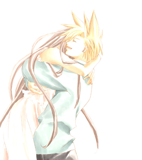 1boy 1girl alternate_costume arms_around_neck bad_id black_hair black_pants blonde_hair blue_shirt casual closed_eyes cloud_strife commentary_request couple covered_face dress final_fantasy final_fantasy_vii happy hetero hug long_hair long_sleeves open_mouth pants rendezvous shirt short_hair simple_background smile spiked_hair tifa_lockhart white_background white_dress
