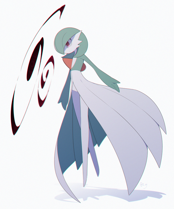 artist_name bob_cut colored_skin dress gardevoir gen_3_pokemon green_hair hair_over_one_eye multicolored_skin nintendo no_feet pink_eyes pokemon pokemon_(creature) serious sg_(suuchan) simple_background two-tone_skin white_background white_dress white_skin