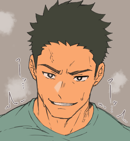 1boy bara breath facial_hair father_(yoru_mac) kurazon_(climb_zombie) looking_at_viewer lowres male_focus mature_male medium_sideburns portrait seductive_smile sexually_suggestive shirt short_hair sideburns_stubble smile solo spiked_hair stubble t-shirt trembling tsurime veiny_face veiny_neck yoru_mac