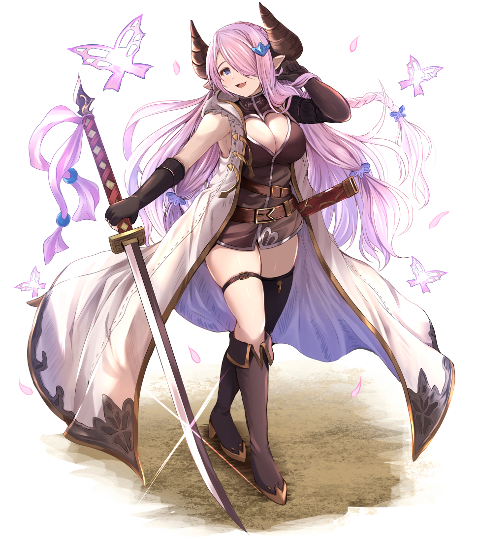 1girl :d asymmetrical_gloves bare_shoulders belt black_gloves black_thighhighs blue_eyes boots braid breasts brown_belt bug butterfly cleavage coat commentary_request draph gloves granblue_fantasy hair_ornament hair_over_one_eye holding holding_sword holding_weapon horns insect kanzaki_kureha knee_boots large_breasts long_hair looking_at_viewer narmaya_(granblue_fantasy) open_mouth pink_hair pointy_ears scabbard sheath single_thighhigh sleeveless sleeveless_coat smile solo sword thigh_strap thighhighs uneven_gloves very_long_hair weapon white_coat